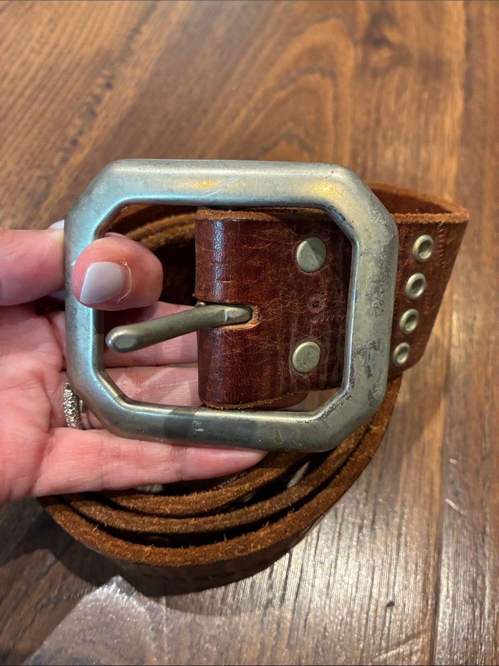 Women's Brown Leather Studded Belt with Geometric Metal Buckle - Picture 2 of 11